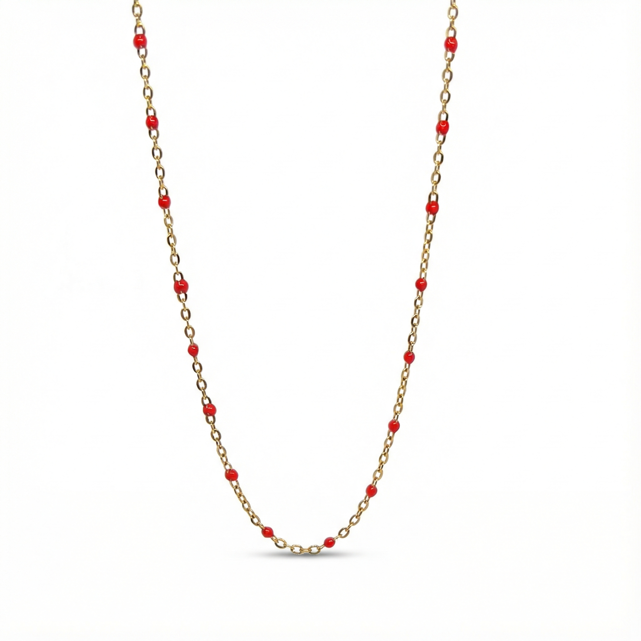 Collier doré d'été avec petites perles rouges style corail, chaîne en acier inoxydable idéale pour la plage.