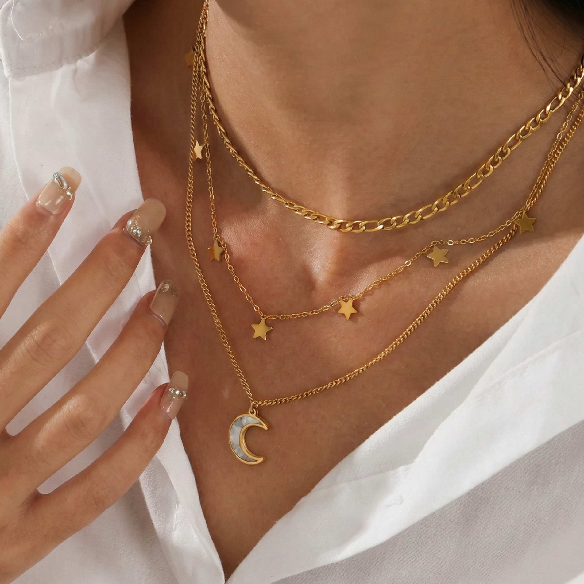 Collier superposé lune et étoiles en acier inoxydable doré