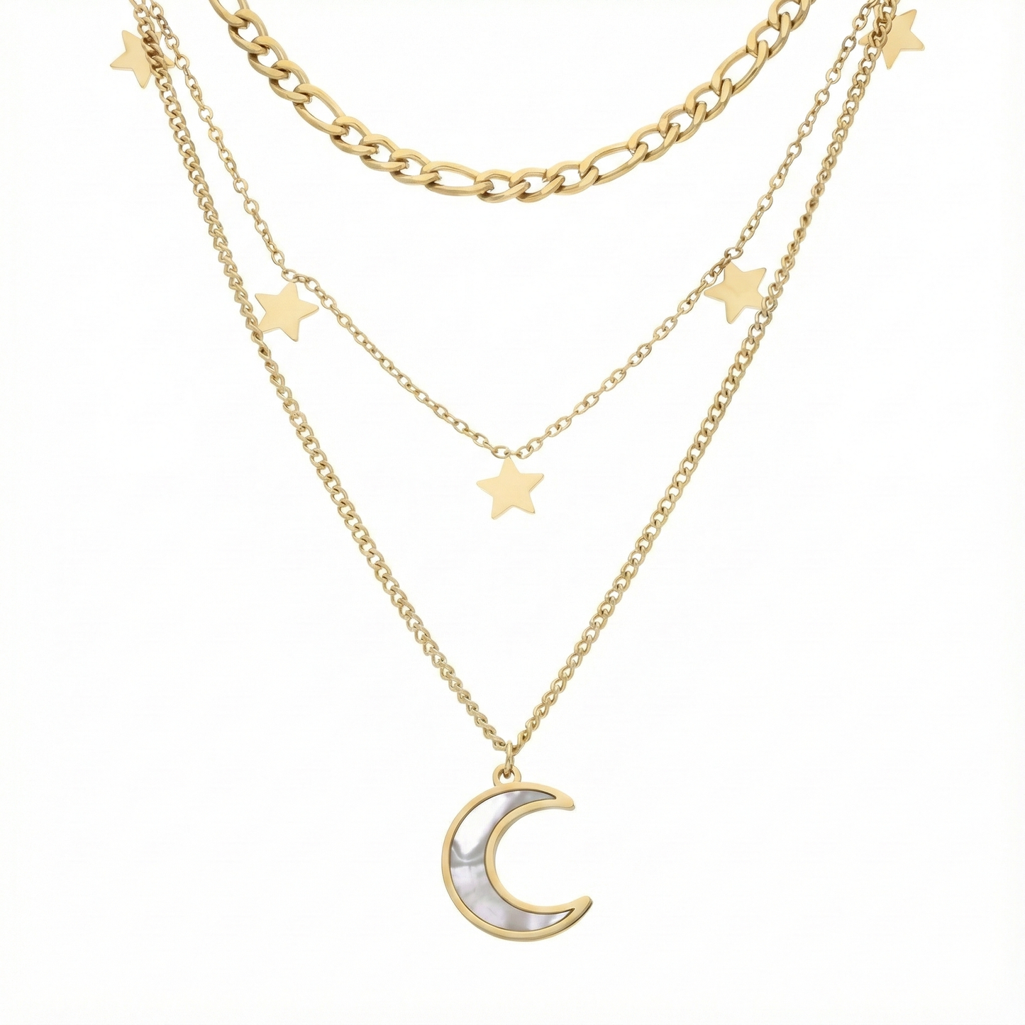 Collier superposé lune et étoiles en acier inoxydable doré