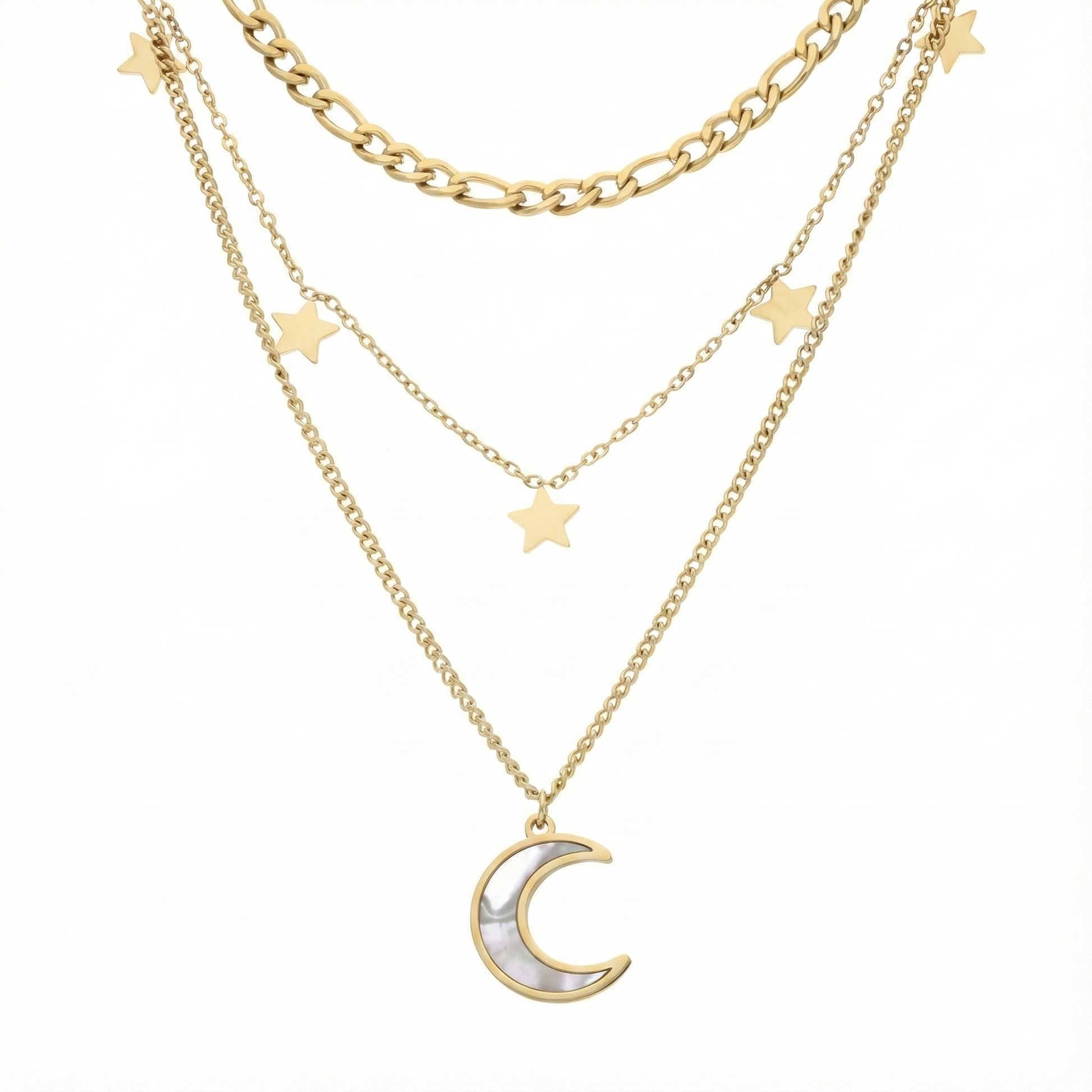 Collier superposé lune et étoiles en acier inoxydable doré