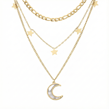 Collier superposé lune et étoiles en acier inoxydable doré