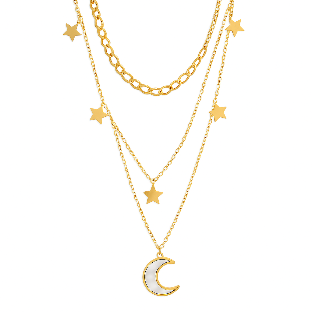 Composé de trois chaînes délicatement agencées, ce collier superposé doré conjugue puissance symbolique et esthétique céleste. Une lune nacrée suspendue au rang le plus long dialogue avec des étoiles dorées dispersées sur les deux autres chaînes, pour un rendu poétique, féminin et captivant.

Matériaux : Acier inoxydable, finition couleur or
Dimensions : 37 + 5 cm, 41 + 5 cm, 45 + 5 cm – pendentif lune : 1,5 cm – étoiles : 6 mm
Style : Astral, superposé, féminin bohème
