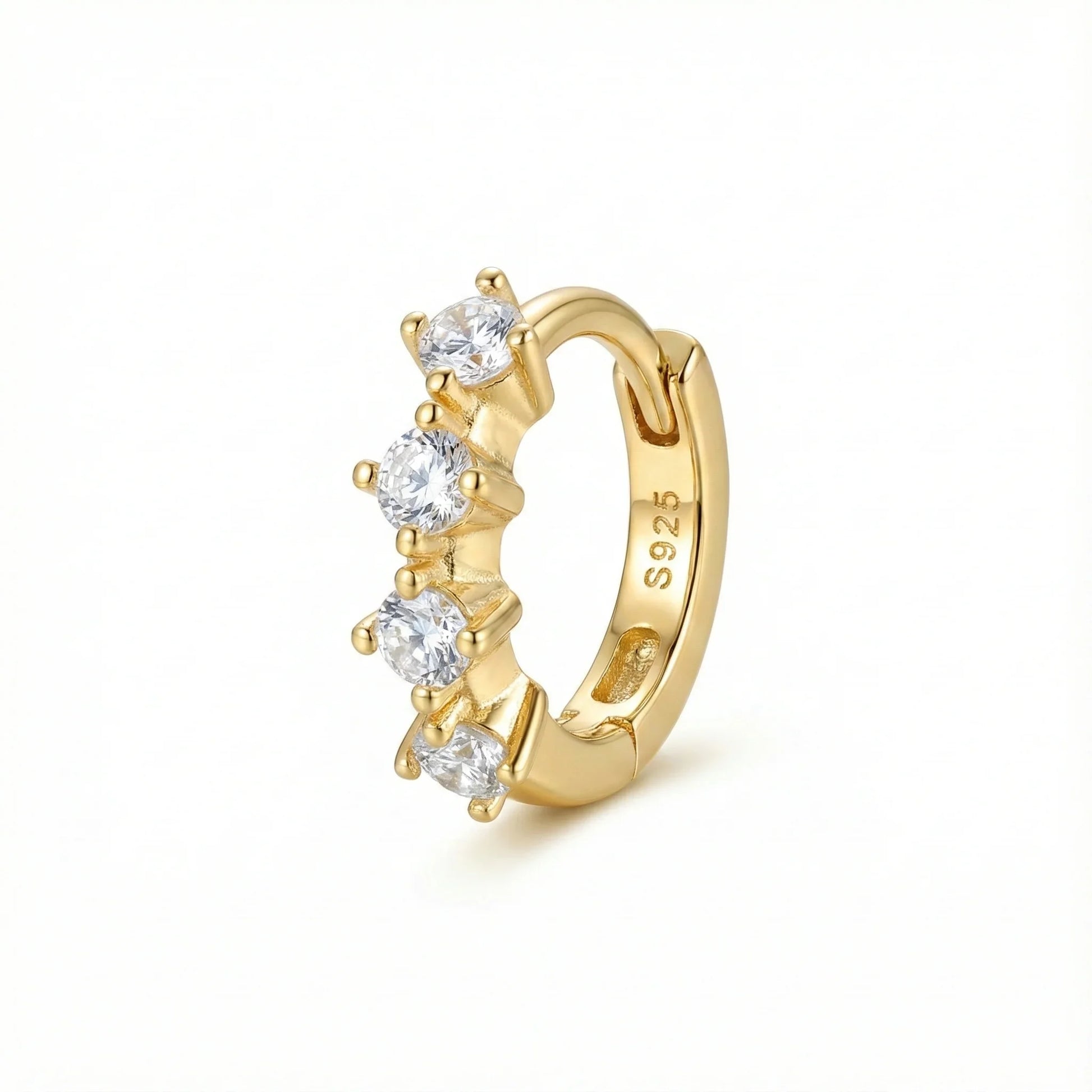 Créole en argent 925 doré à l’or fin sertie de zircons blancs taille ronde, bijou élégant à fermoir clip