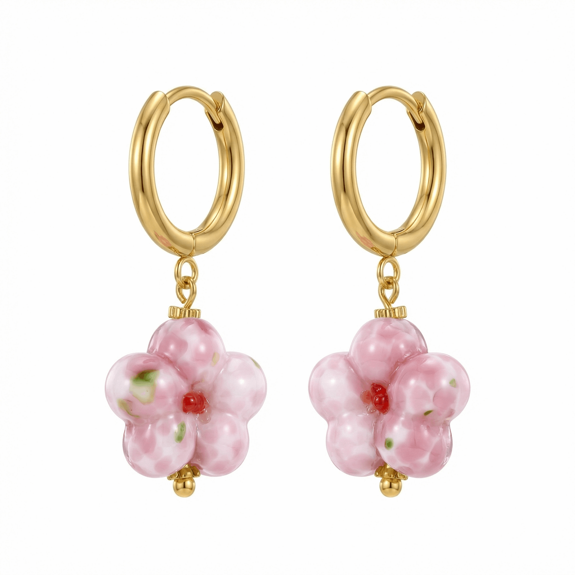 Créoles dorées en acier inoxydable avec pendentif fleur rose