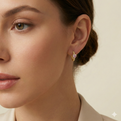 Créoles dorées or 18k texturées avec pierre cœur rose sertie