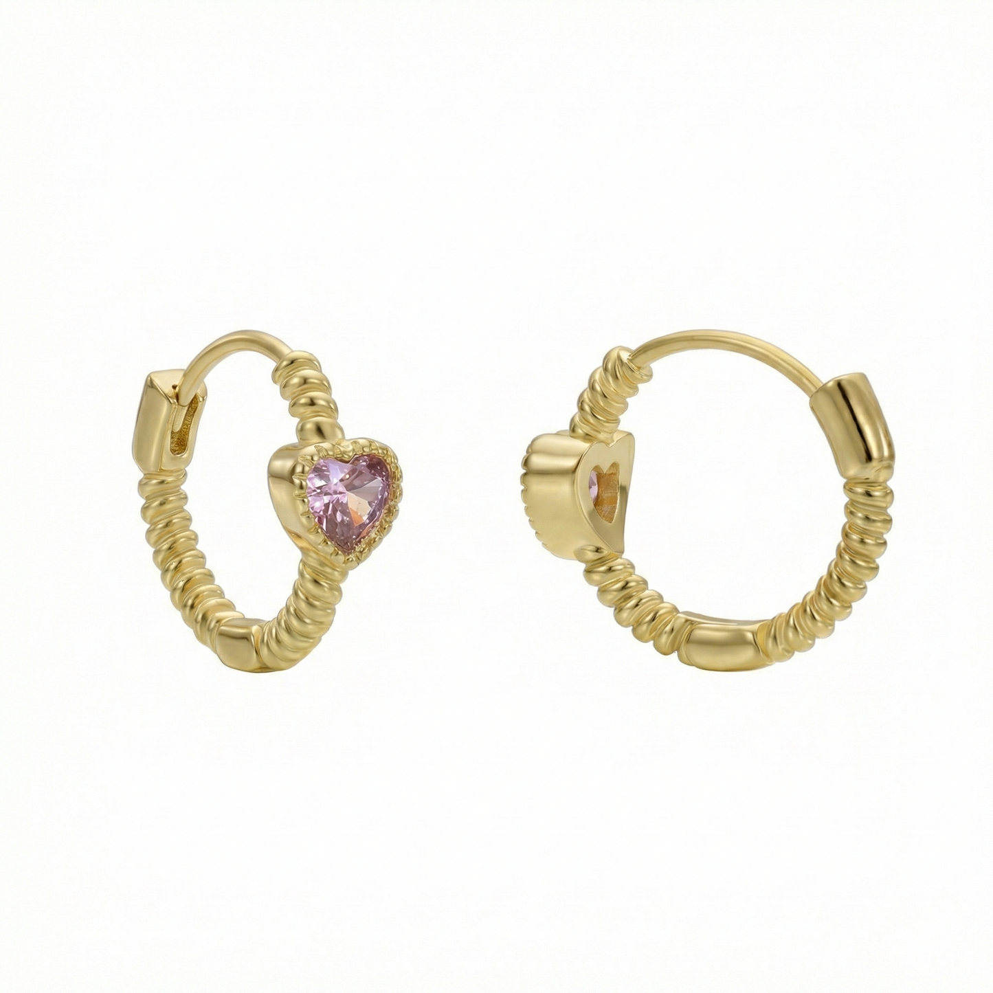 Créoles dorées or 18k texturées avec pierre cœur rose sertie
