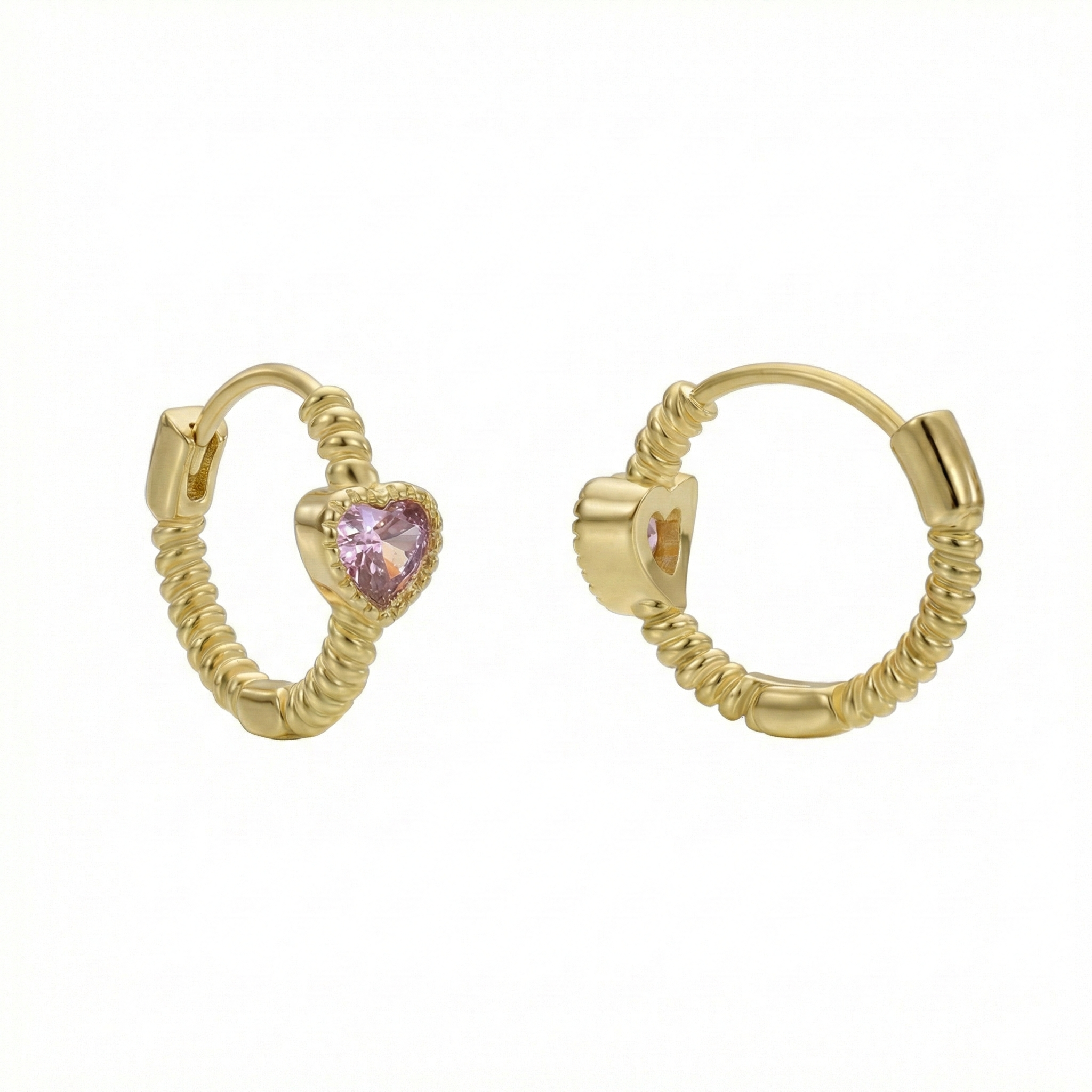 Créoles dorées or 18k texturées avec pierre cœur rose sertie