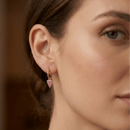 Créoles dorées or 18k avec pendentif cœur pavé de zircons roses