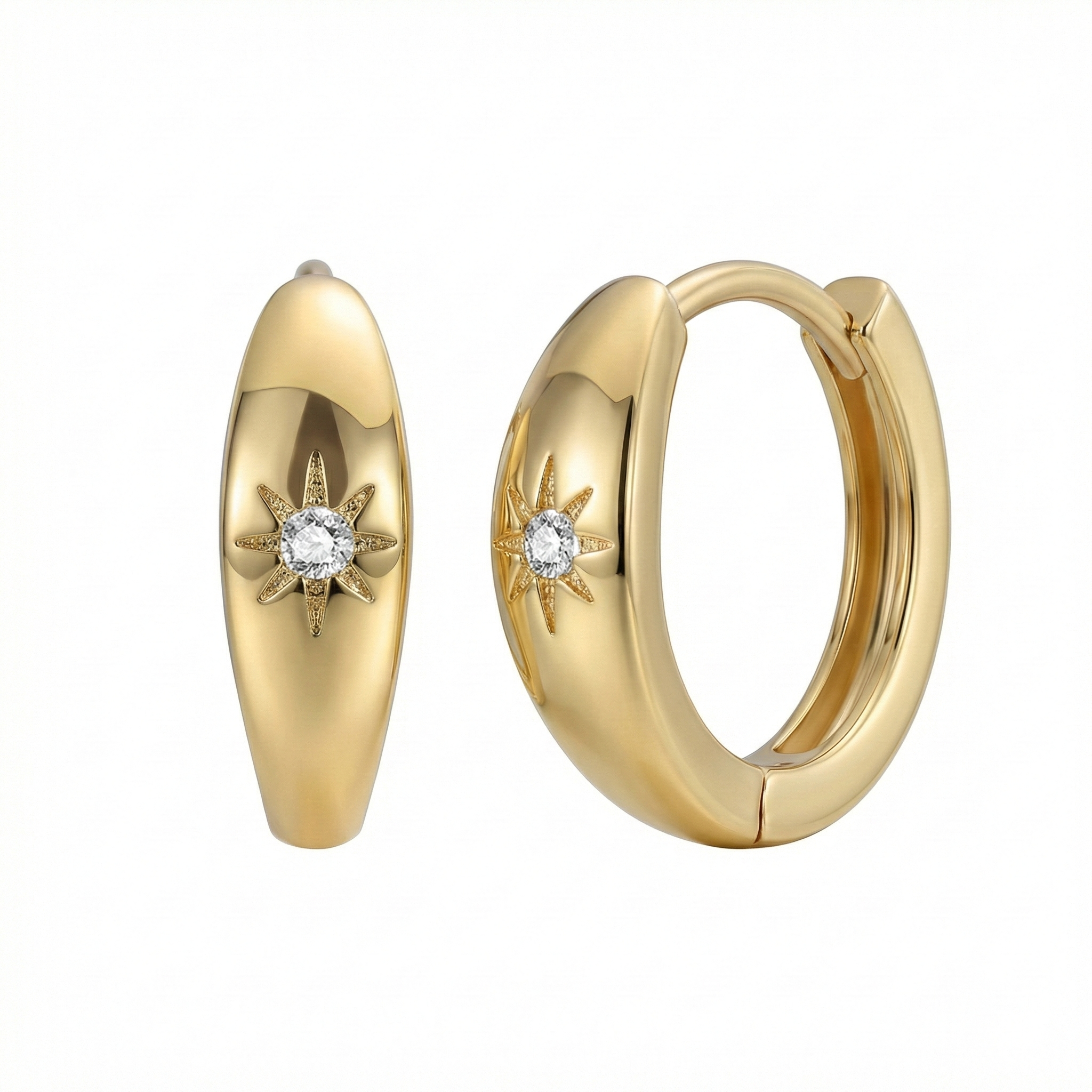 Créoles dorées or 18k avec zircon serti en étoile du Nord à huit branches