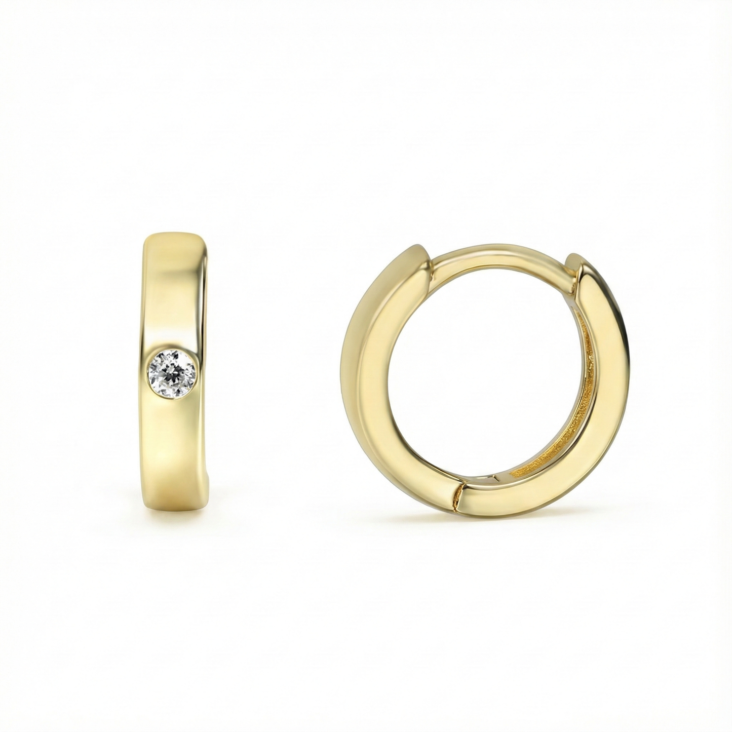 Créoles dorées or 18k fines avec zircon blanc scintillant serti sur le côté, bijou minimaliste et discret