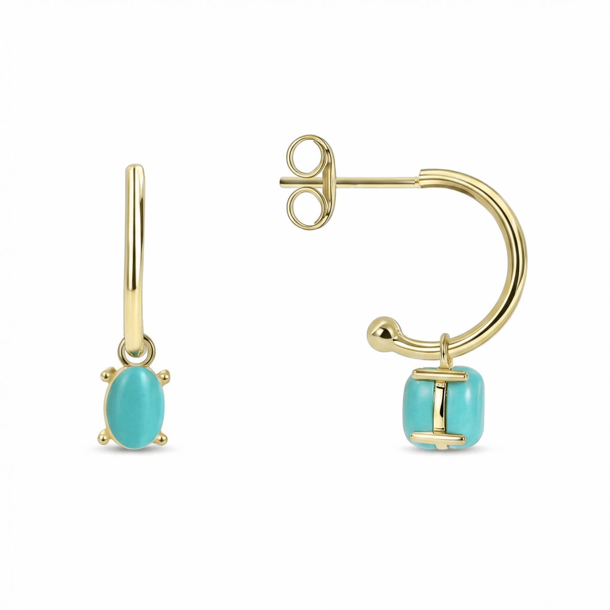 Créoles dorées or 18k avec pierre turquoise ovale pendante