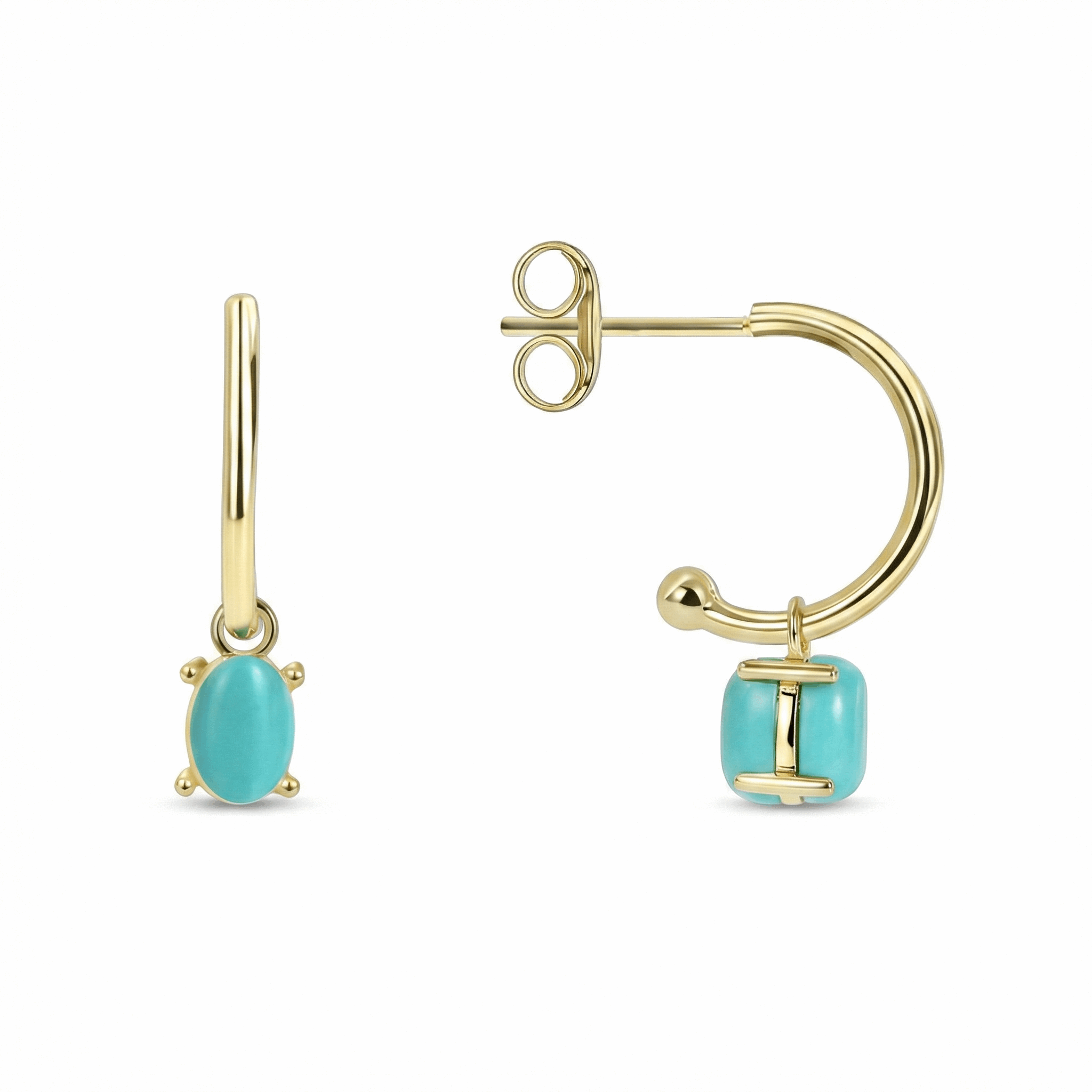 Créoles dorées or 18k avec pierre turquoise ovale pendante