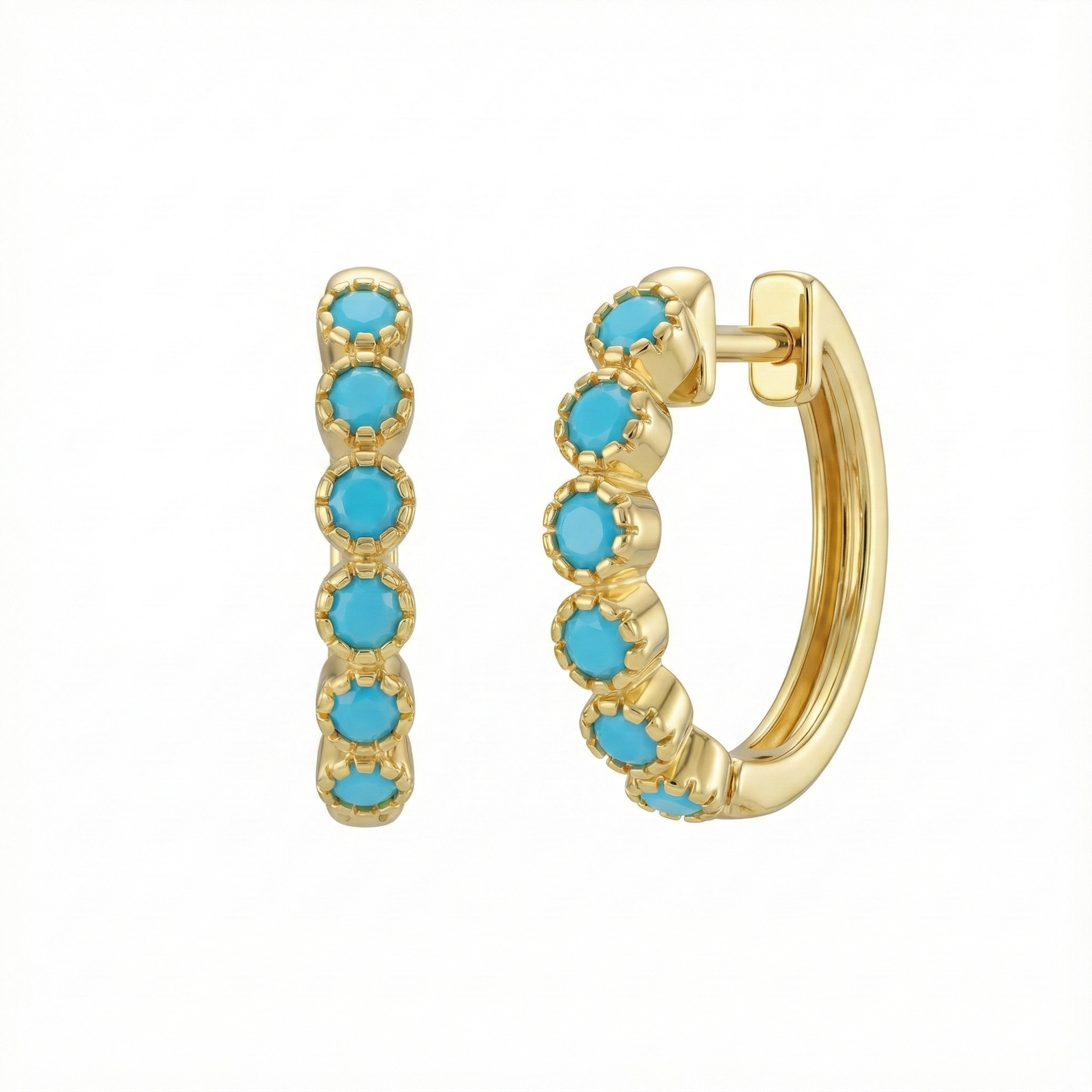 Créoles dorées or 18k serties de pierres turquoise rondes, bijou solaire et estival au design élégant