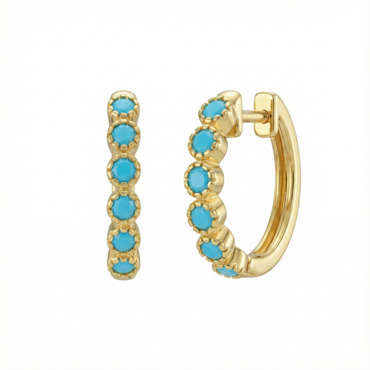 Créoles dorées or 18k serties de pierres turquoise rondes, bijou solaire et estival au design élégant