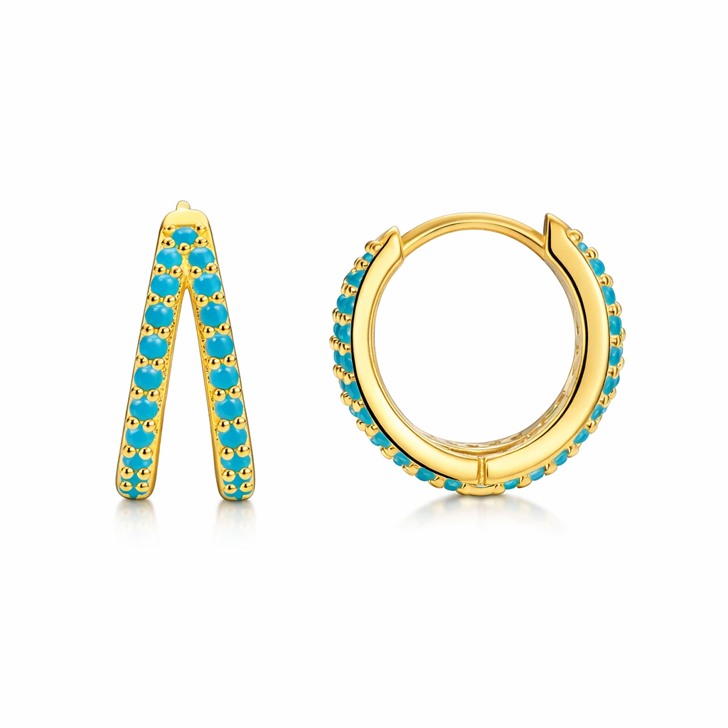 Créoles dorées or 18k avec zircons turquoise en forme de V inversé