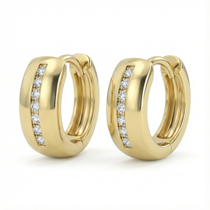 Créoles épaisses dorées or 18k avec ligne verticale de zircons blancs scintillants, design minimaliste et élégant