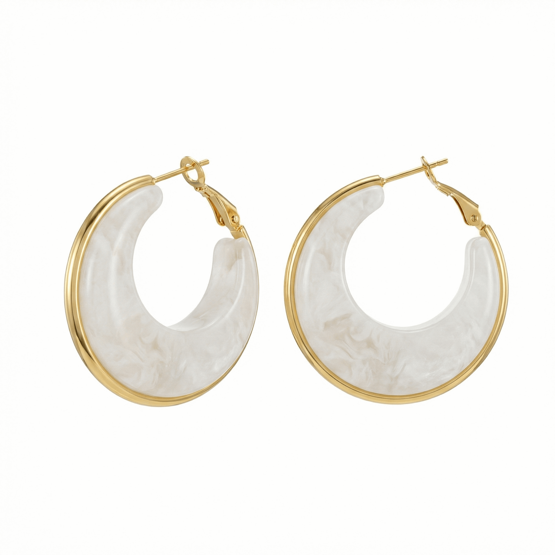 Créoles larges en acier inoxydable doré avec insert blanc effet nacré, diamètre 3,6 cm, créoles contemporaines pour usage quotidien