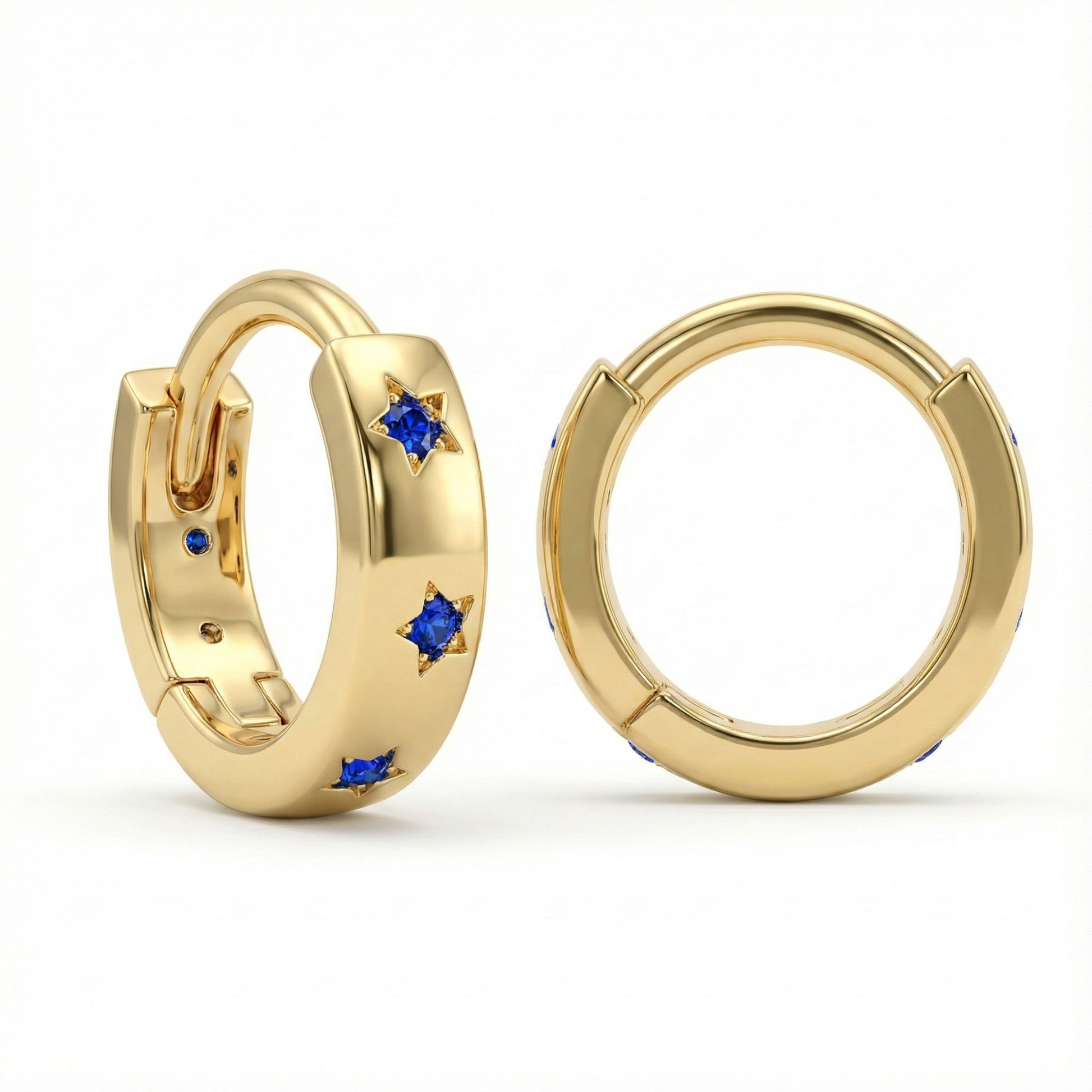 Créoles mini dorées or 18k ornées de zircons bleus taillés en étoile, bijou céleste discret et élégant
