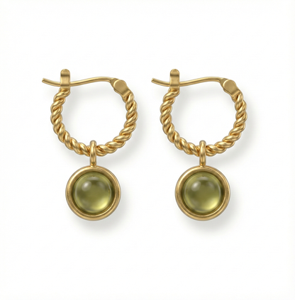 Créoles torsadées en acier inoxydable doré avec pierre verte