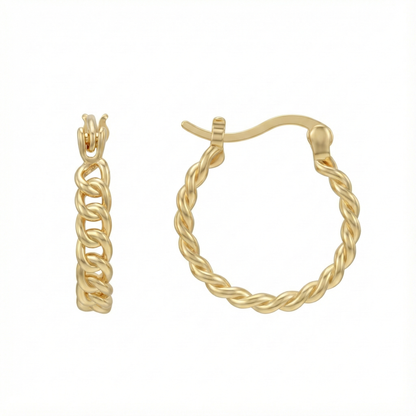 Créoles torsadées dorées or 18k à effet tressé en relief, design arrondi élégant et lumineux