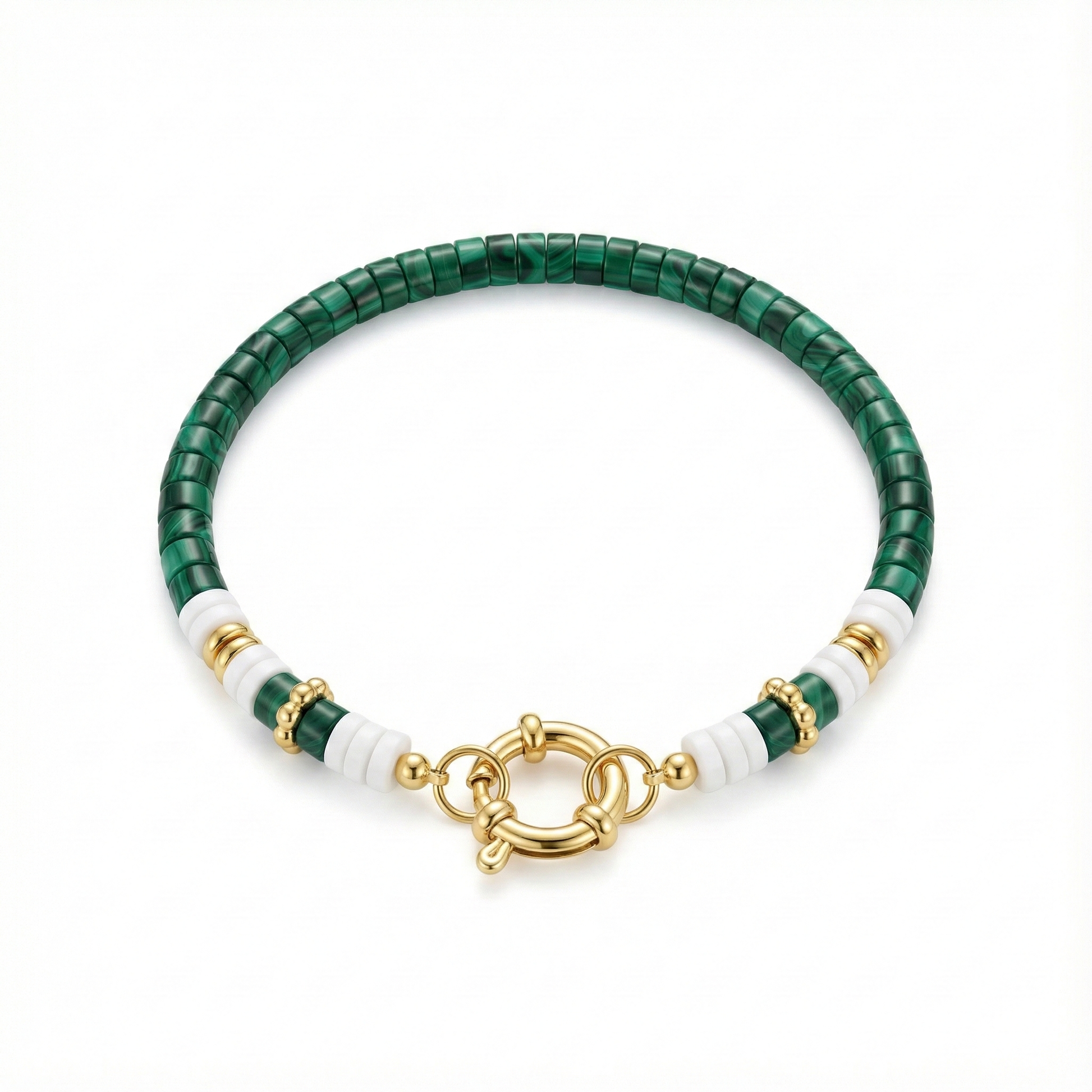 bracelet acier inoxydable doré malachite verte perles vertes vue large