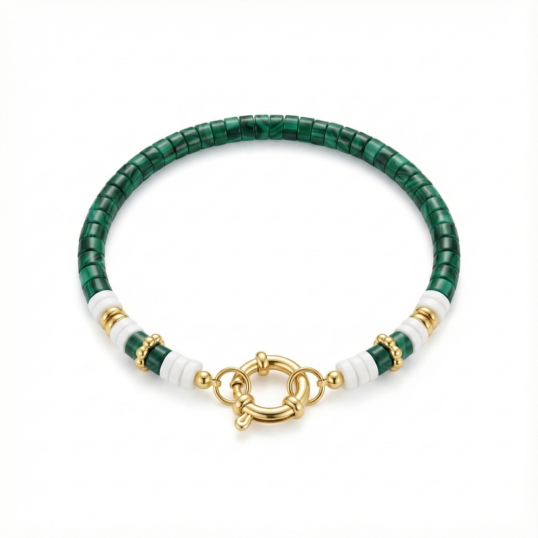 bracelet acier inoxydable doré malachite verte perles vertes vue large