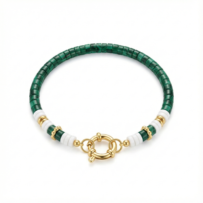 bracelet acier inoxydable doré malachite verte perles vertes vue large