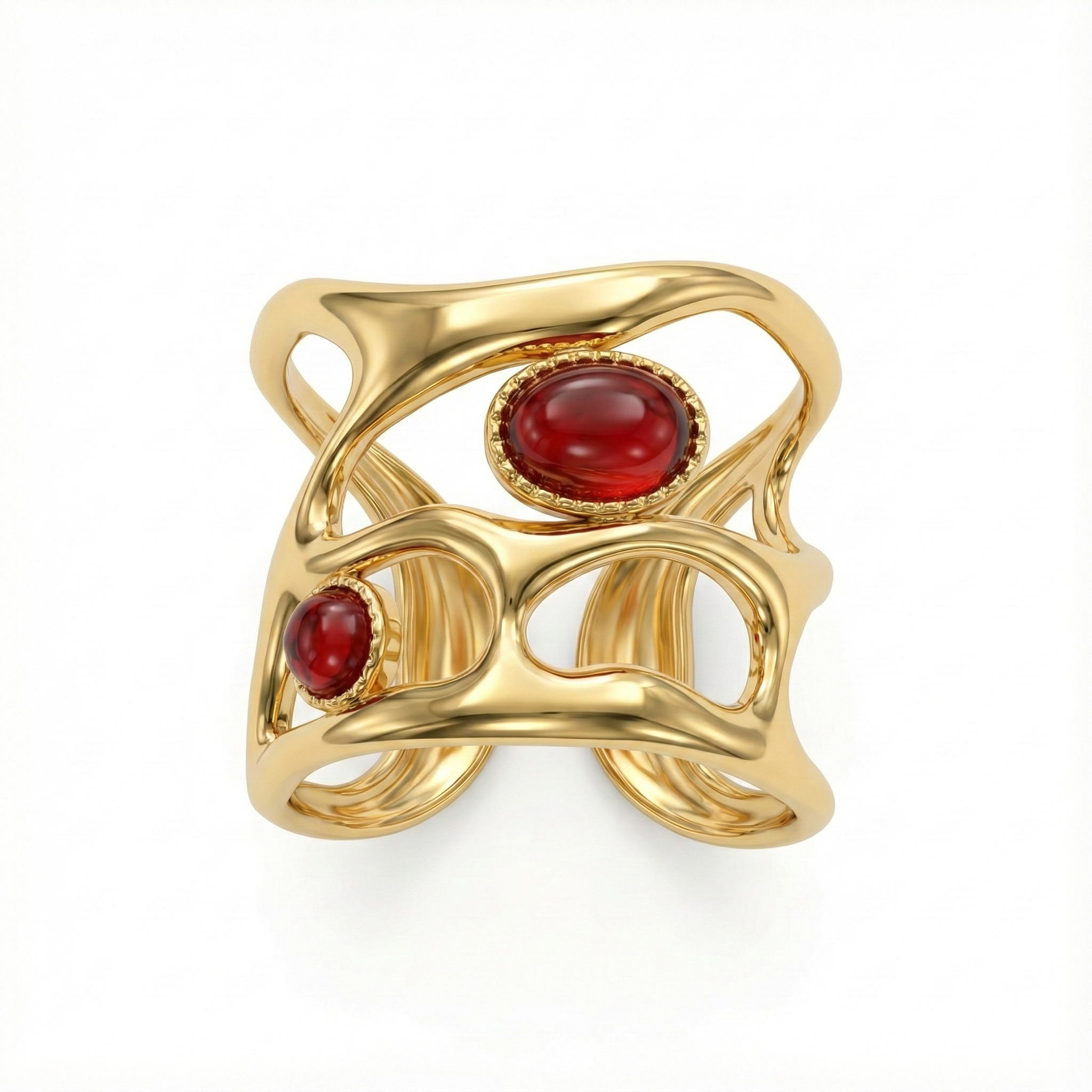 Détail pierre d’agate rouge sur bague acier inoxydable doré