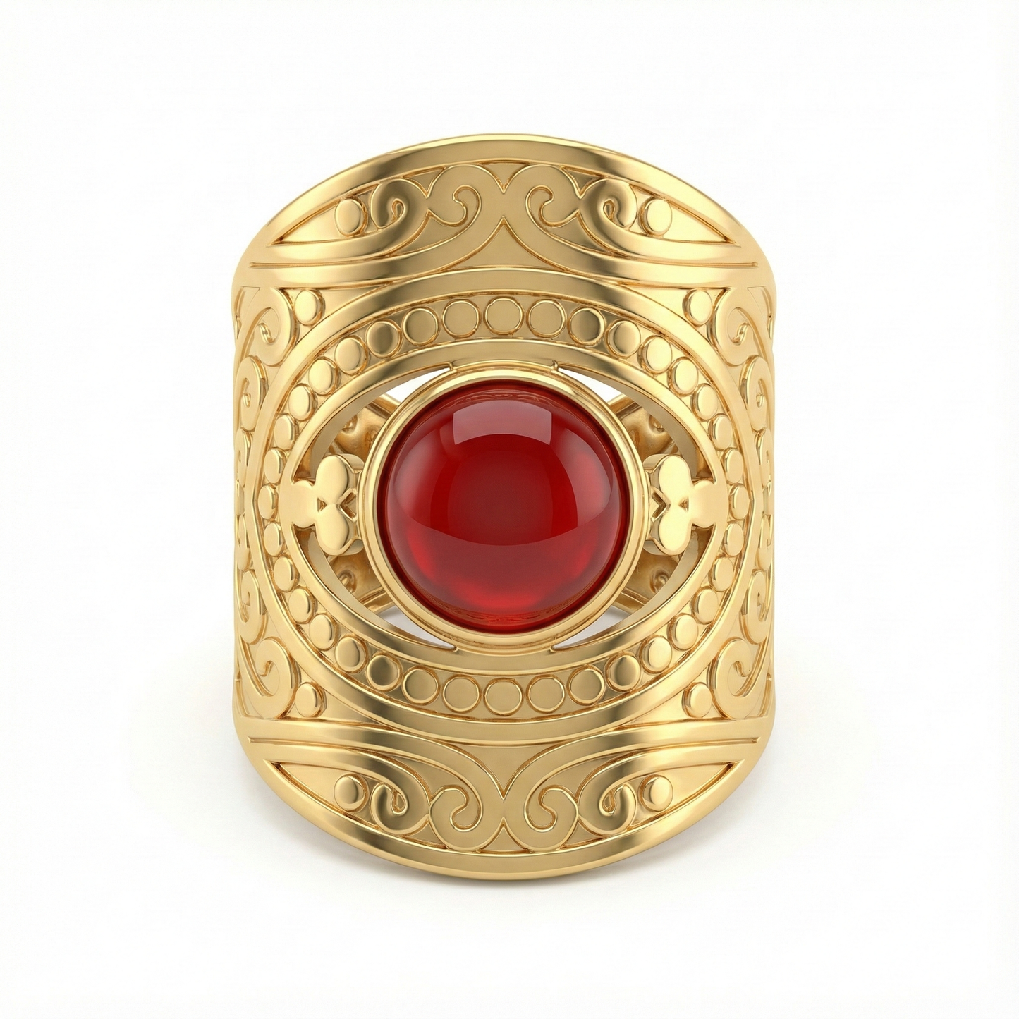 Détail pierre d’agate rouge sur bague manchette acier inoxydable doré