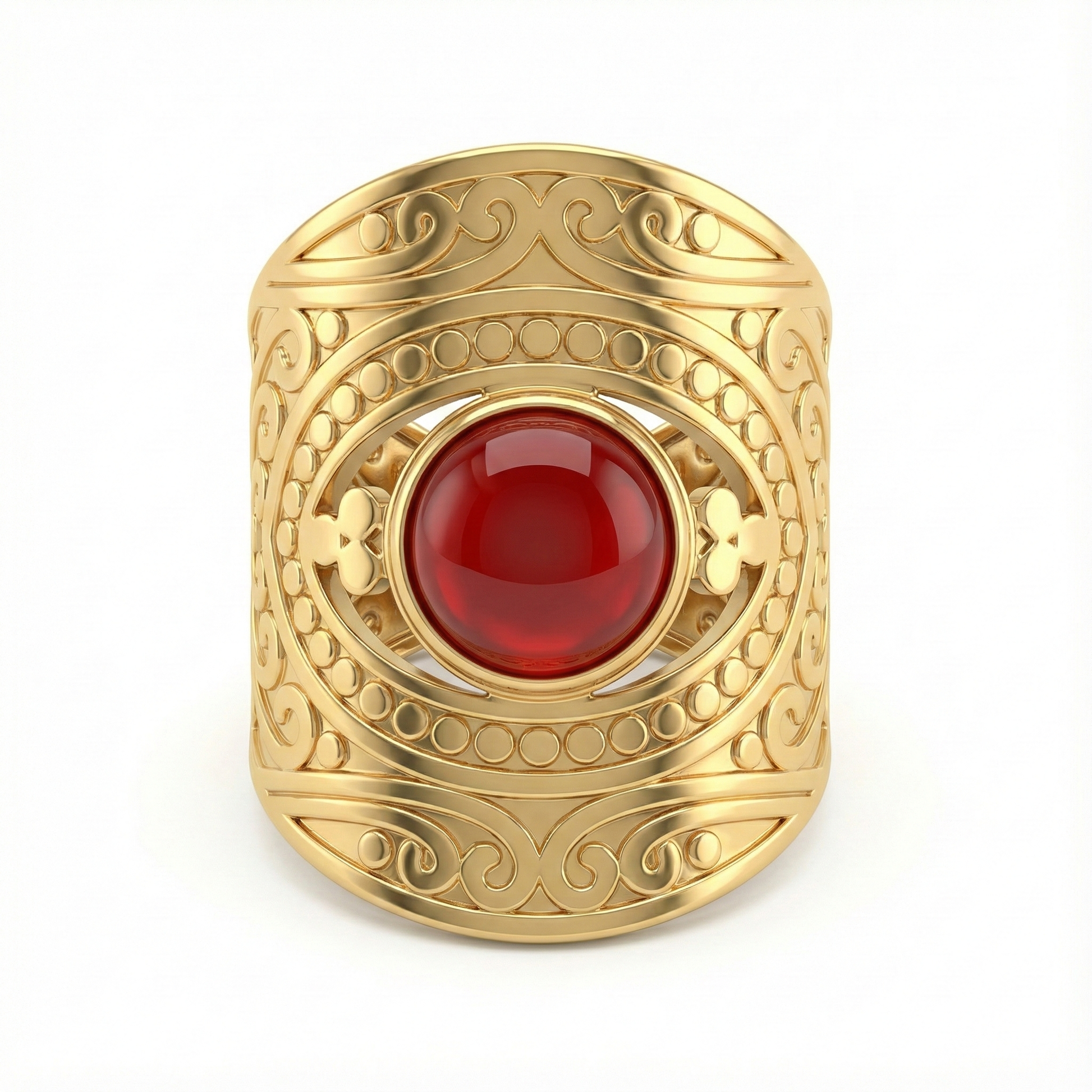 Détail pierre d’agate rouge sur bague manchette acier inoxydable doré