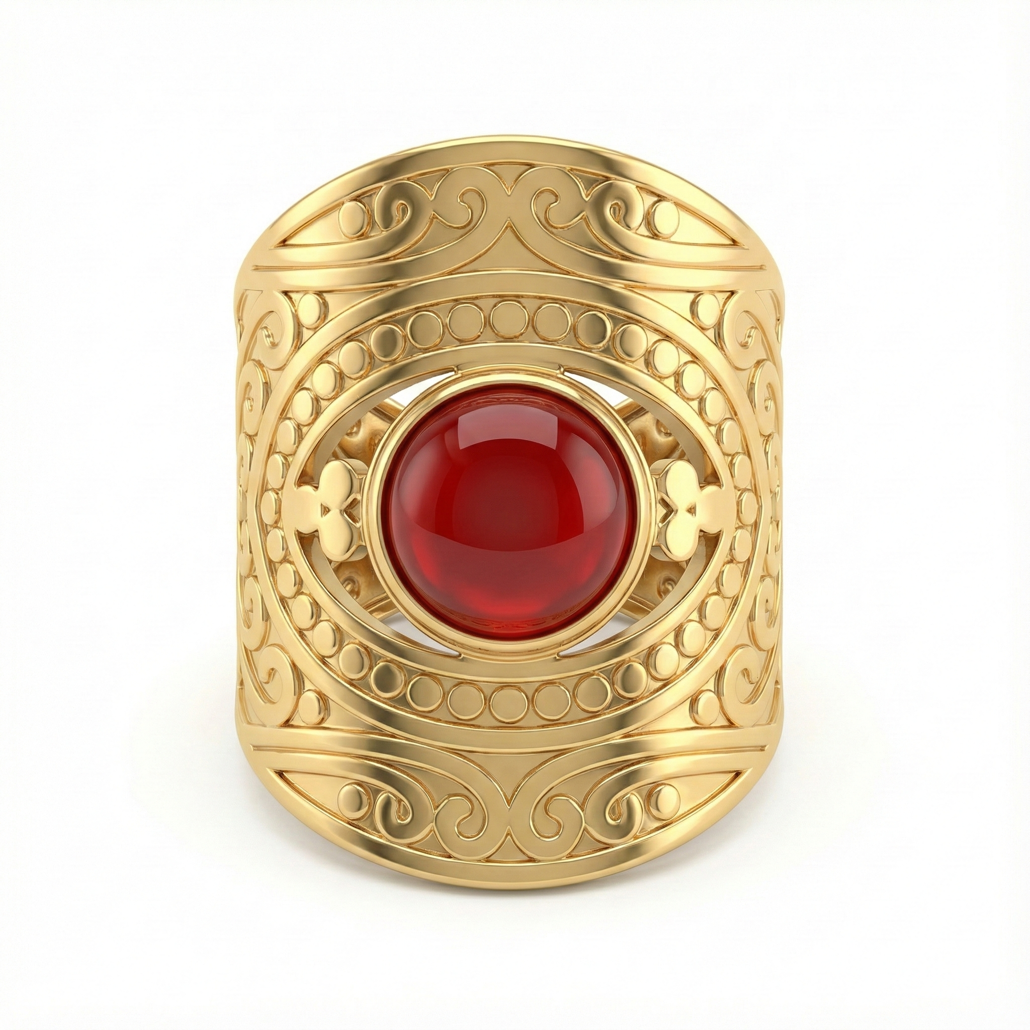 Détail pierre d’agate rouge sur bague manchette acier inoxydable doré
