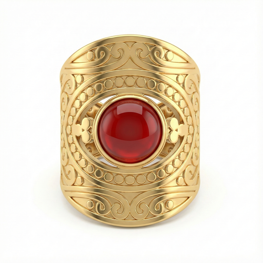 Détail pierre d’agate rouge sur bague manchette acier inoxydable doré