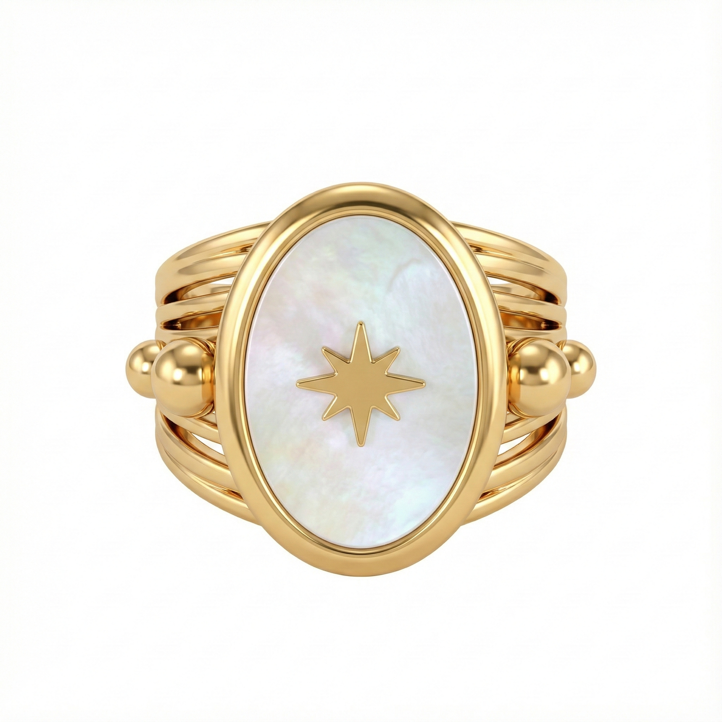 Détail de l’étoile dorée et centre nacre de la bague