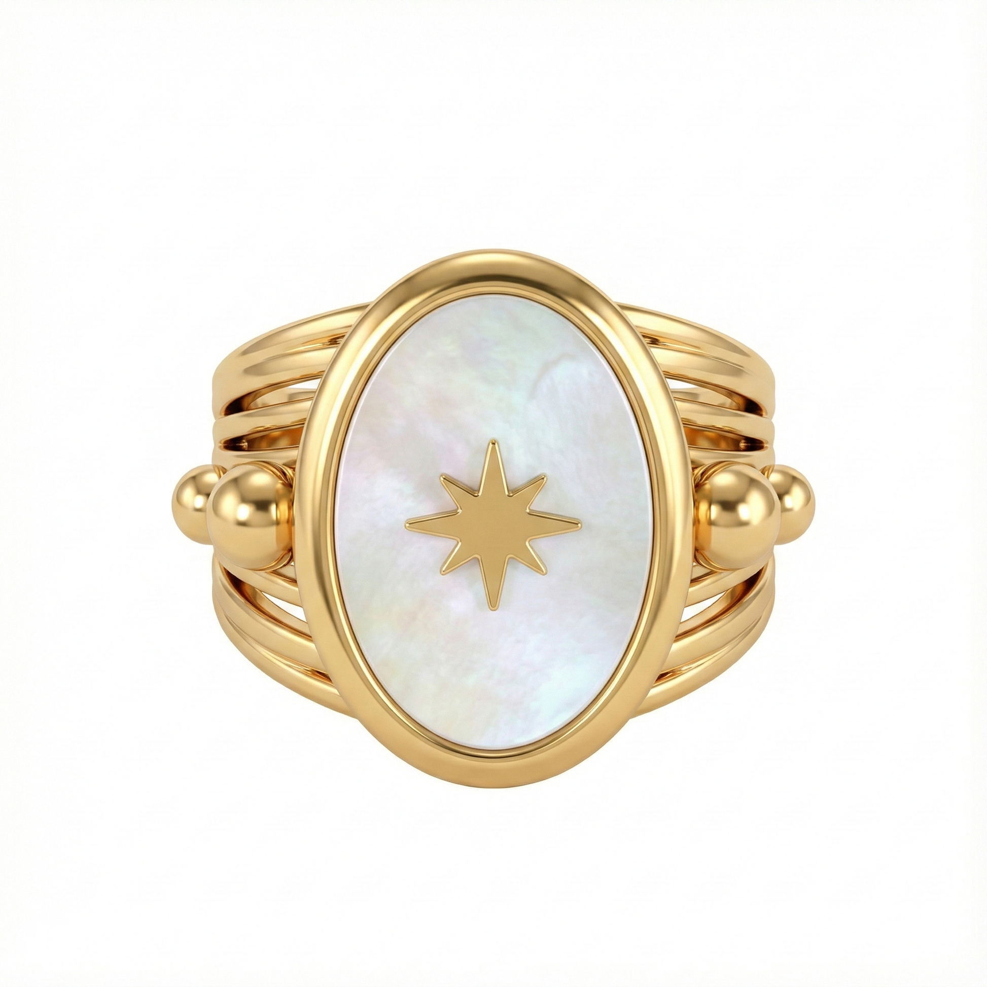 Détail de l’étoile dorée et centre nacre de la bague