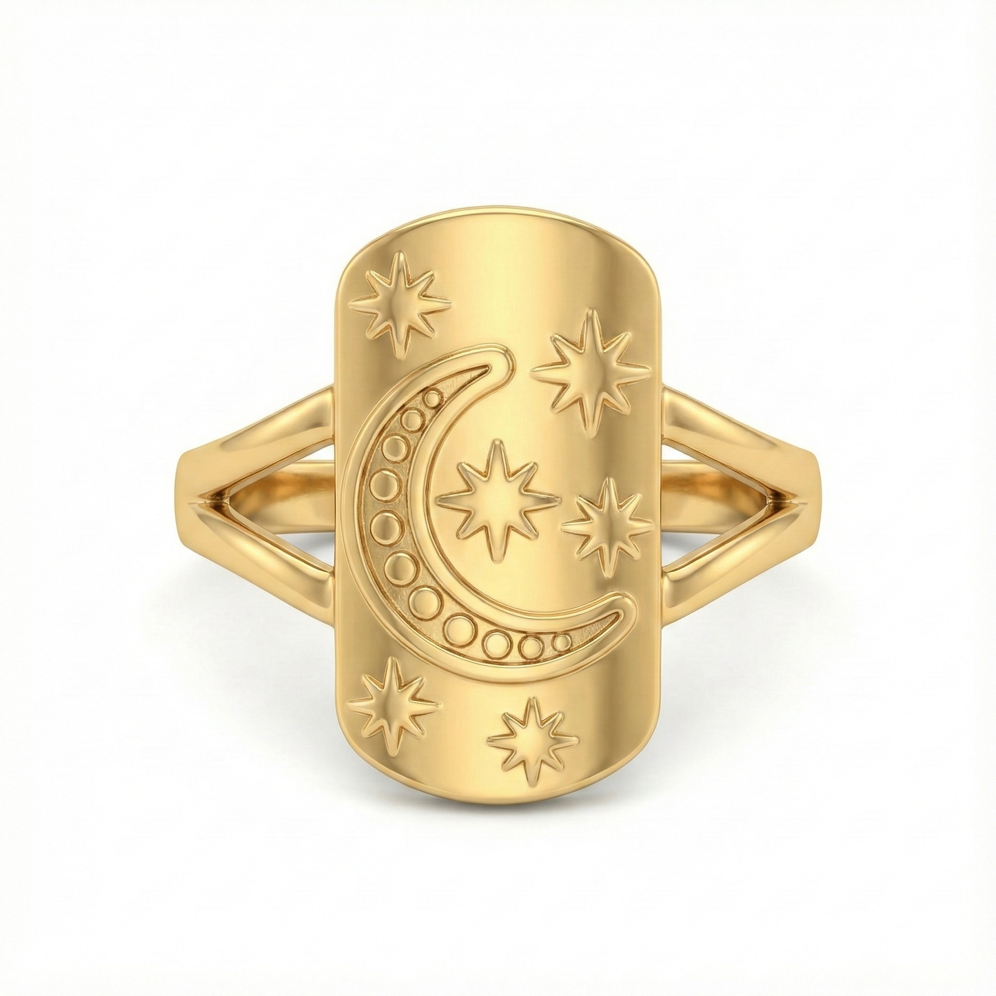 Détail étoiles gravées sur bague acier inoxydable doré