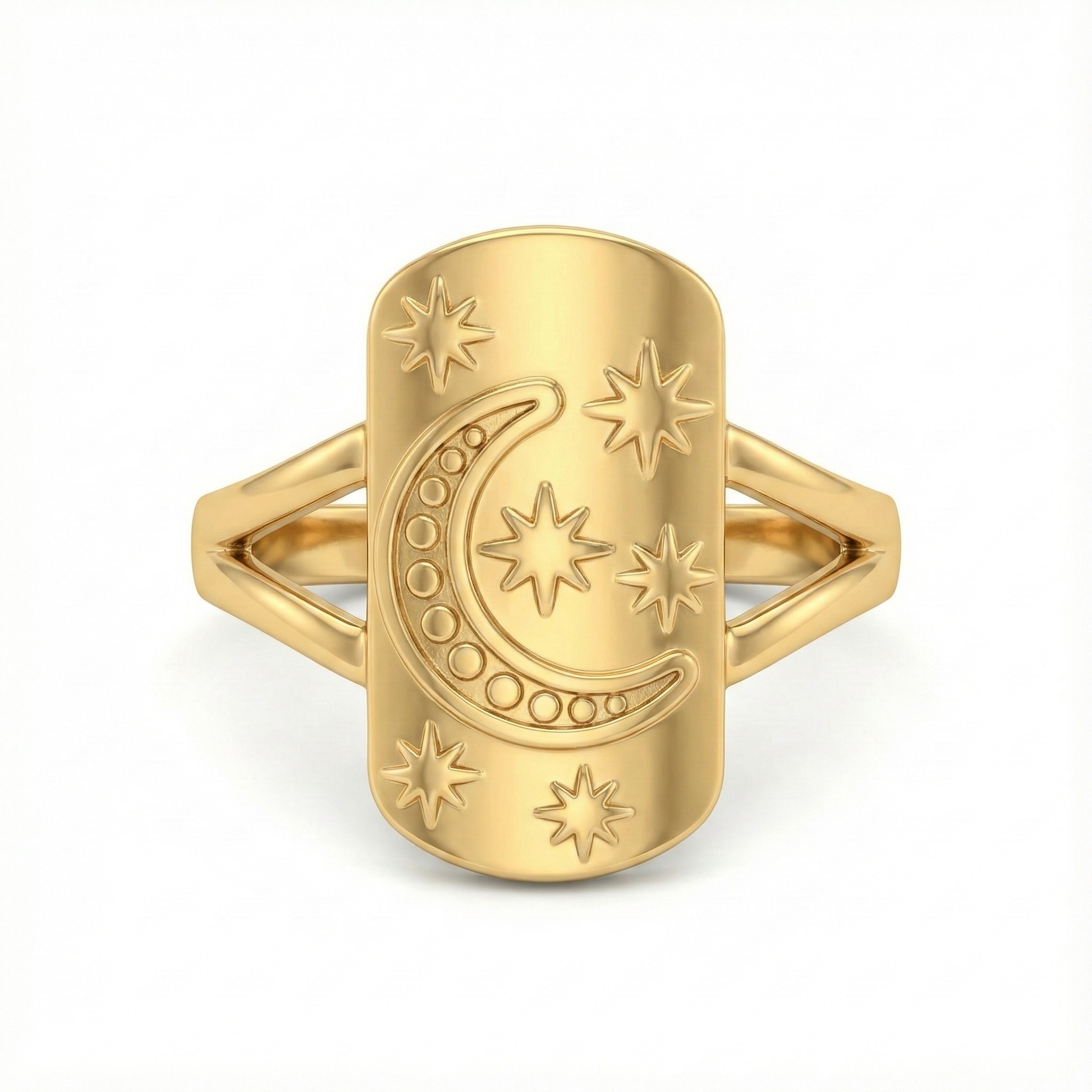 Détail étoiles gravées sur bague acier inoxydable doré