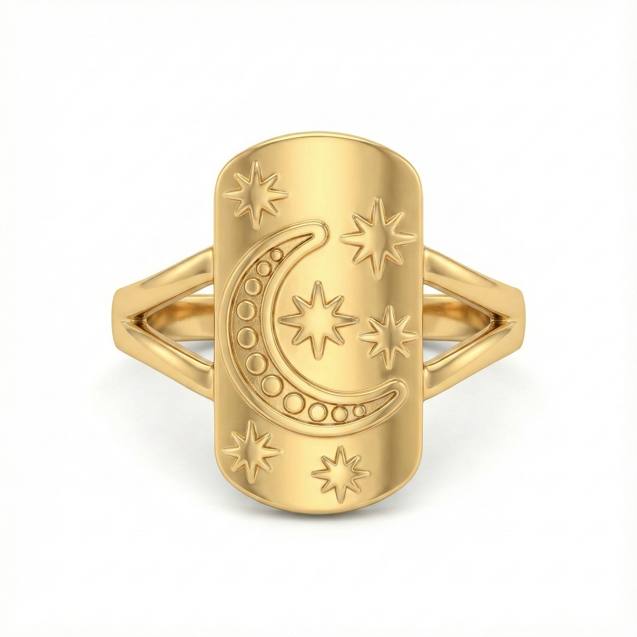 Détail étoiles gravées sur bague acier inoxydable doré