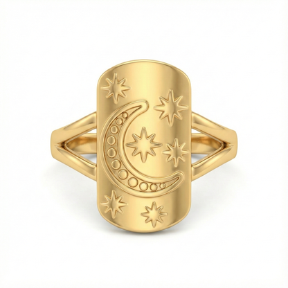 Détail étoiles gravées sur bague acier inoxydable doré