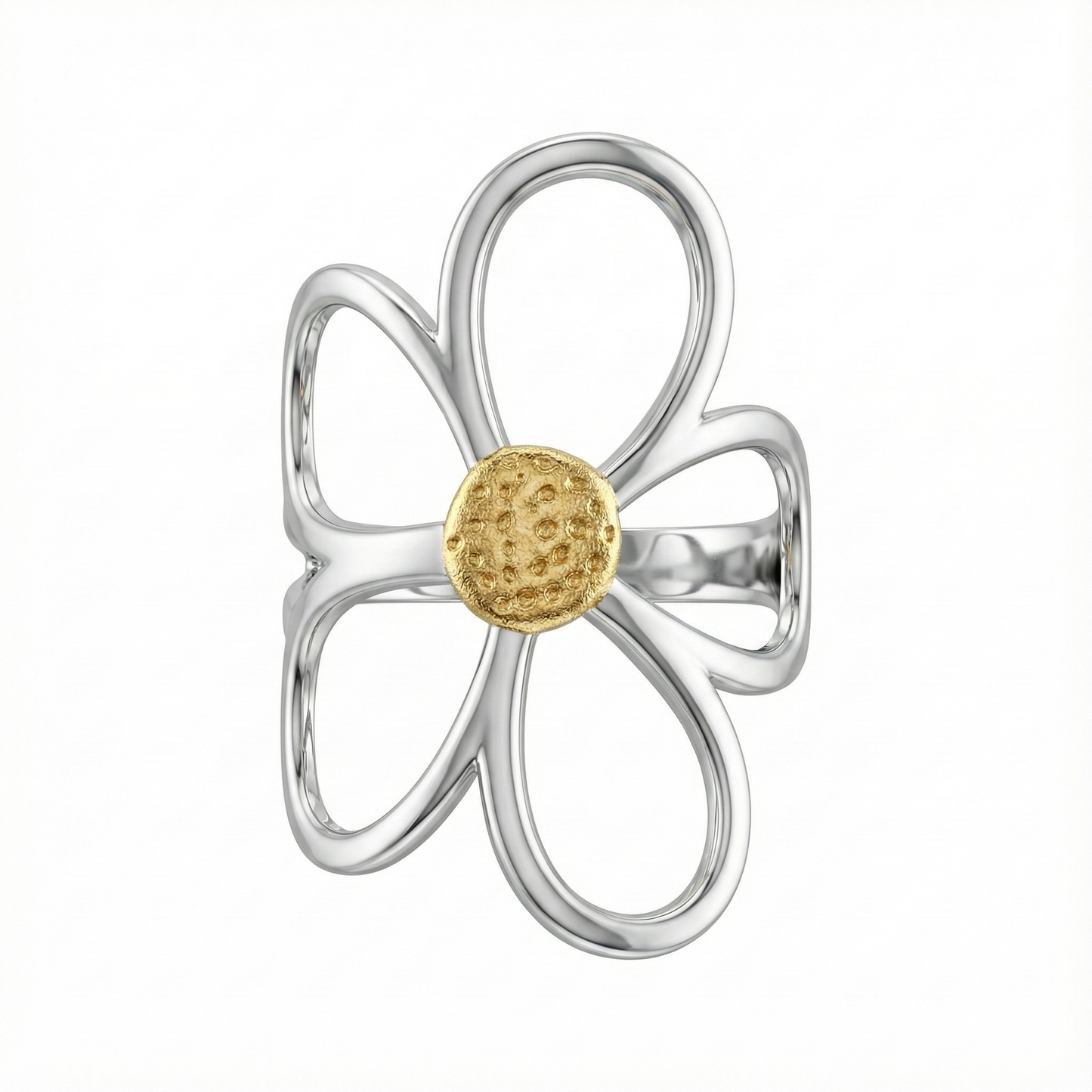Détail motif fleur pétales argent sur bague acier inoxydable