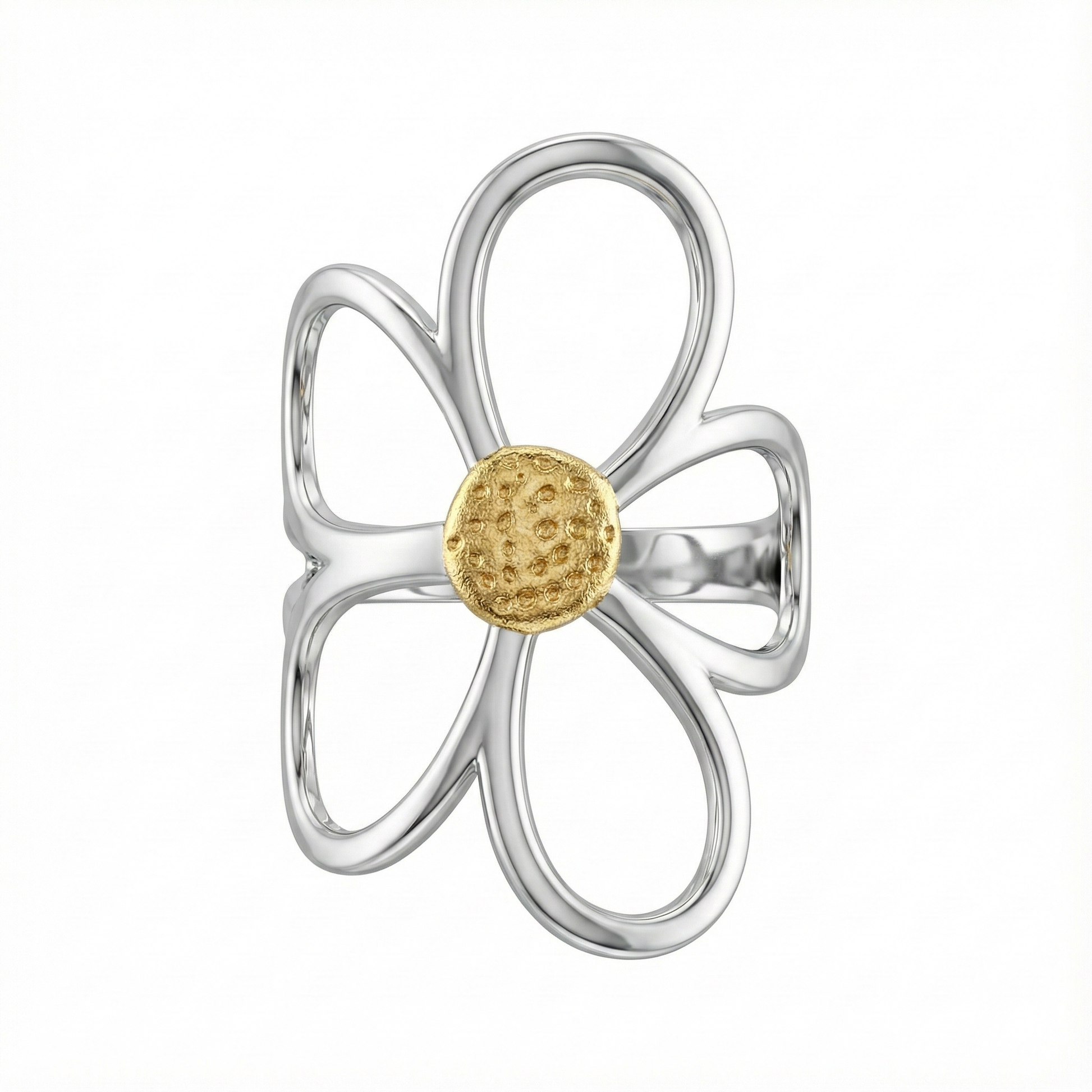 Détail motif fleur pétales argent sur bague acier inoxydable