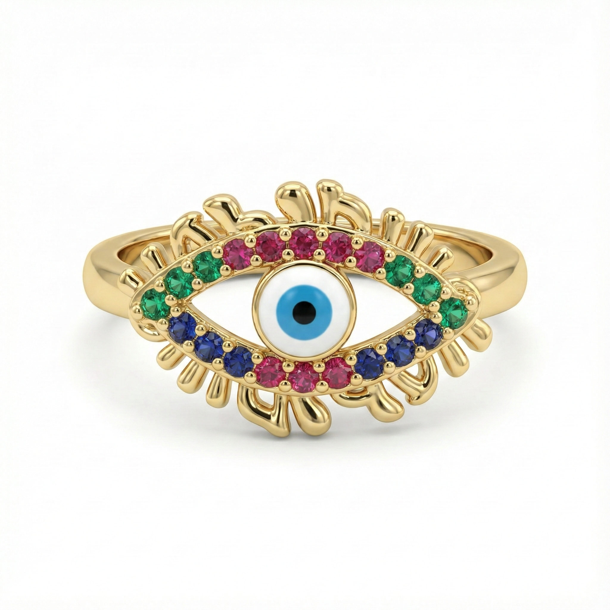 Détail motif œil protecteur en émail multicolore sur bague dorée