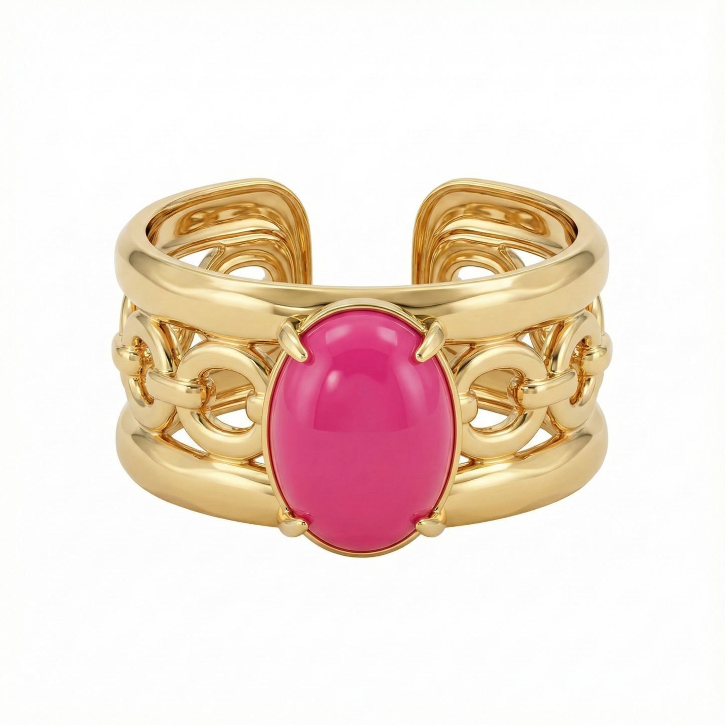 Détail perle rose fuchsia sur bague martelée dorée