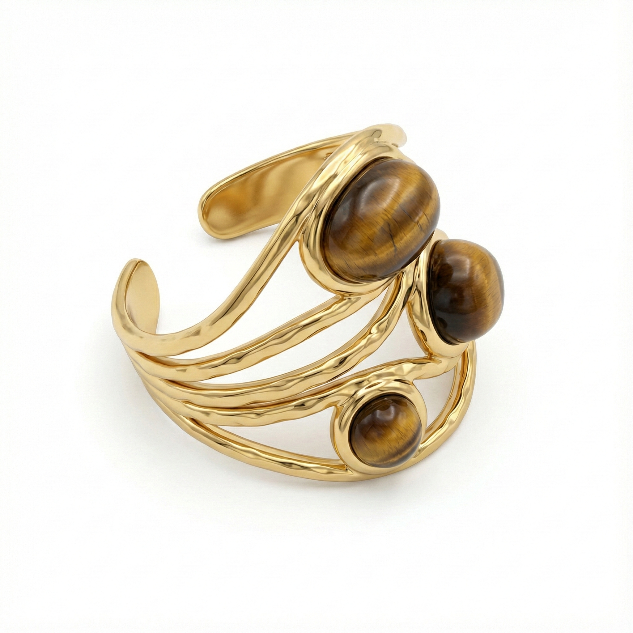 Détail perles œil du tigre sur bague acier inoxydable doré