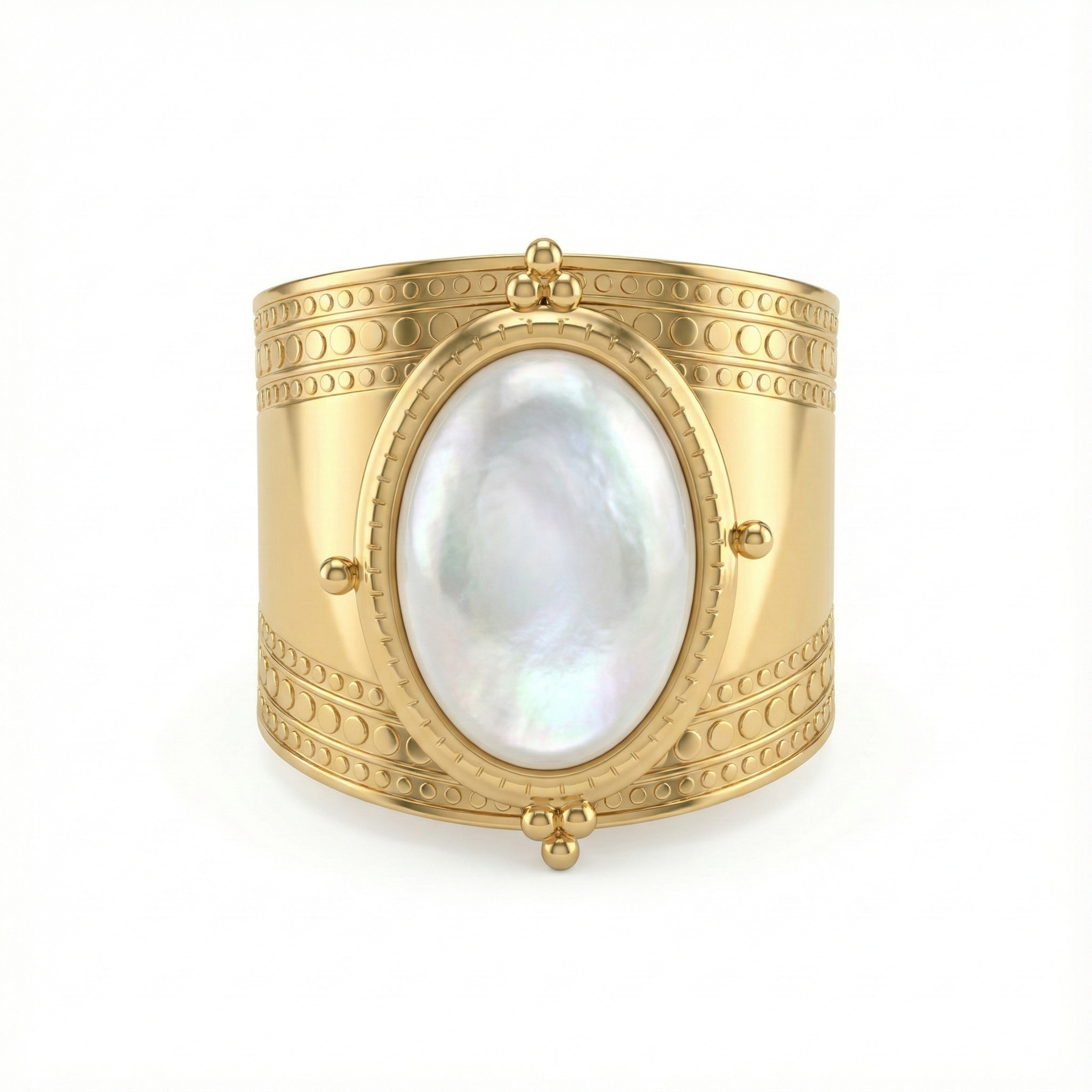 Détail pierre blanche sur bague acier inoxydable doré