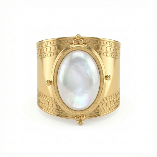 Détail pierre blanche sur bague acier inoxydable doré