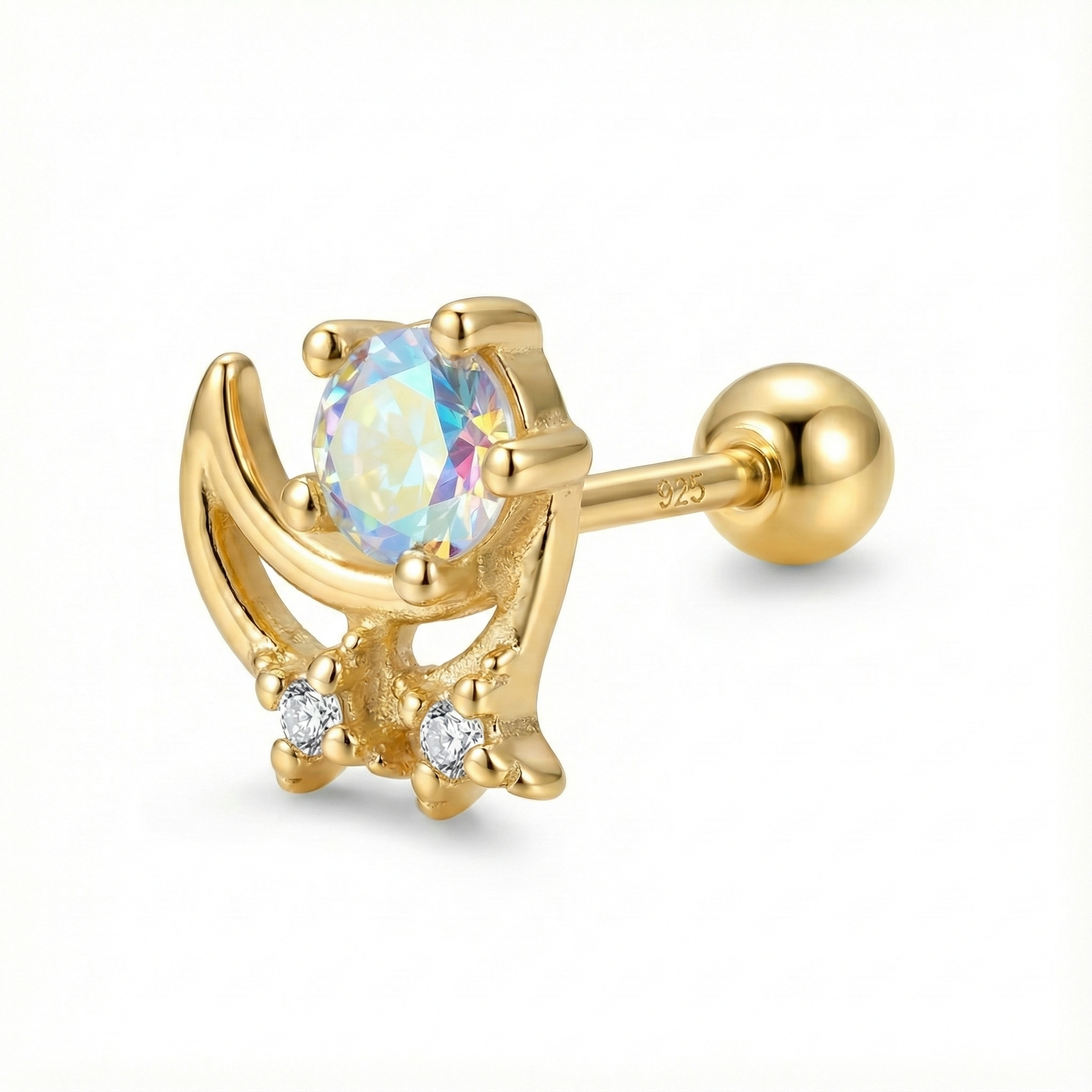 Piercing cartilage hélix forme croissant de lune en argent 925 plaqué or 18k, orné d'une pierre centrale aux reflets opalescents