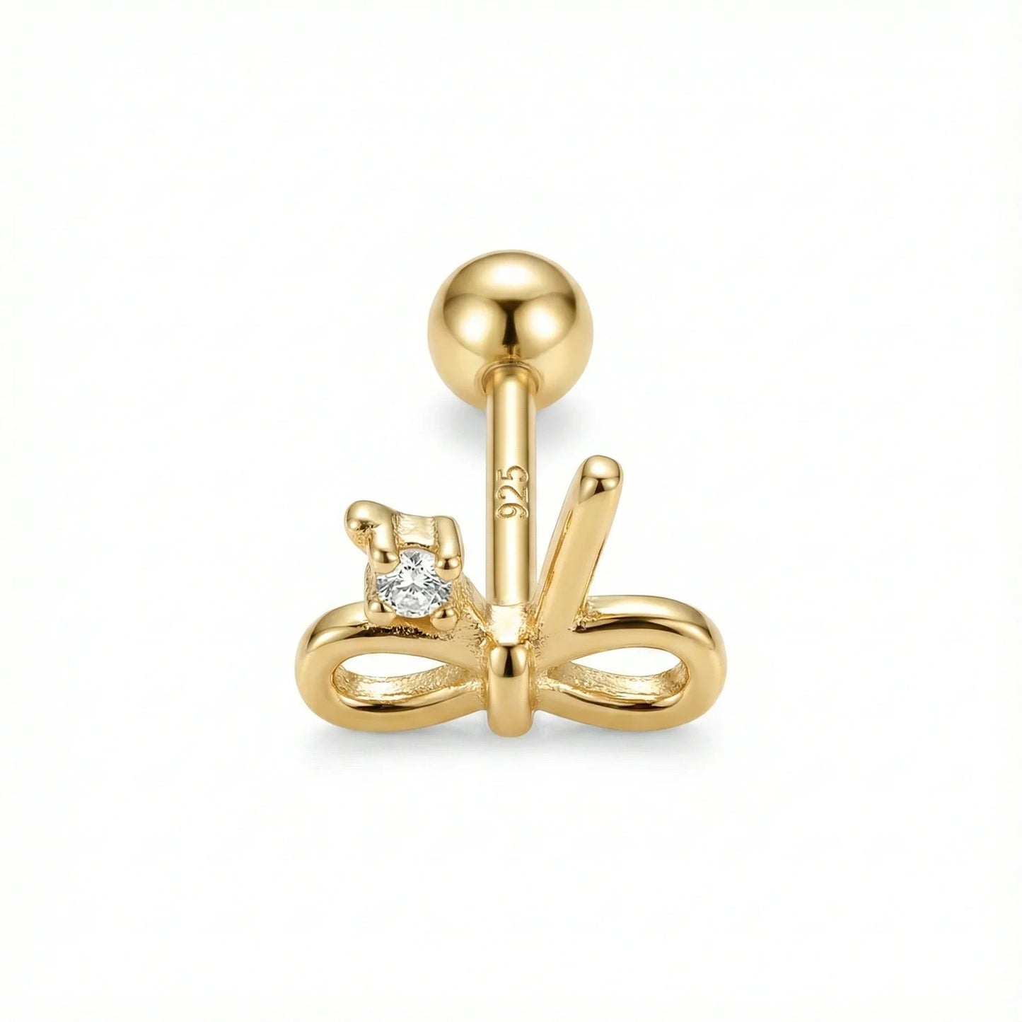 Piercing d’oreille en argent 925 doré à l’or fin en forme de nœud avec zircon blanc serti, bijou élégant pour lobe ou cartilage