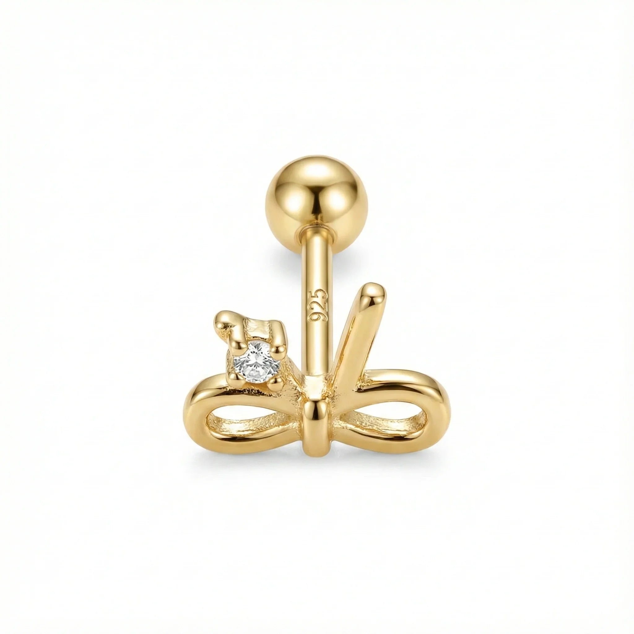 Piercing d’oreille en argent 925 doré à l’or fin en forme de nœud avec zircon blanc serti, bijou élégant pour lobe ou cartilage