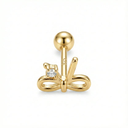 Piercing d’oreille en argent 925 doré à l’or fin en forme de nœud avec zircon blanc serti, bijou élégant pour lobe ou cartilage