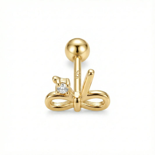 Piercing d’oreille en argent 925 doré à l’or fin en forme de nœud avec zircon blanc serti, bijou élégant pour lobe ou cartilage